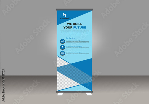Roll-up banner, blue geometric, advertising display, promotional stand