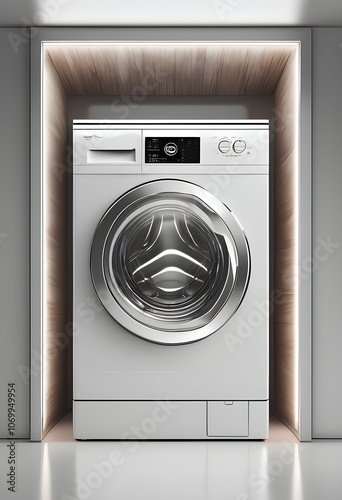 Front loading washing machine. The circle of the clear glass window shows the details inside. photo