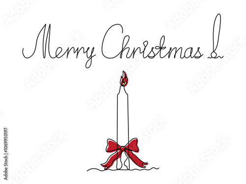 greeting card with inscription Merry Christmas! burning candle with ribbon.  continuous one line art hand drawing sketch, logo