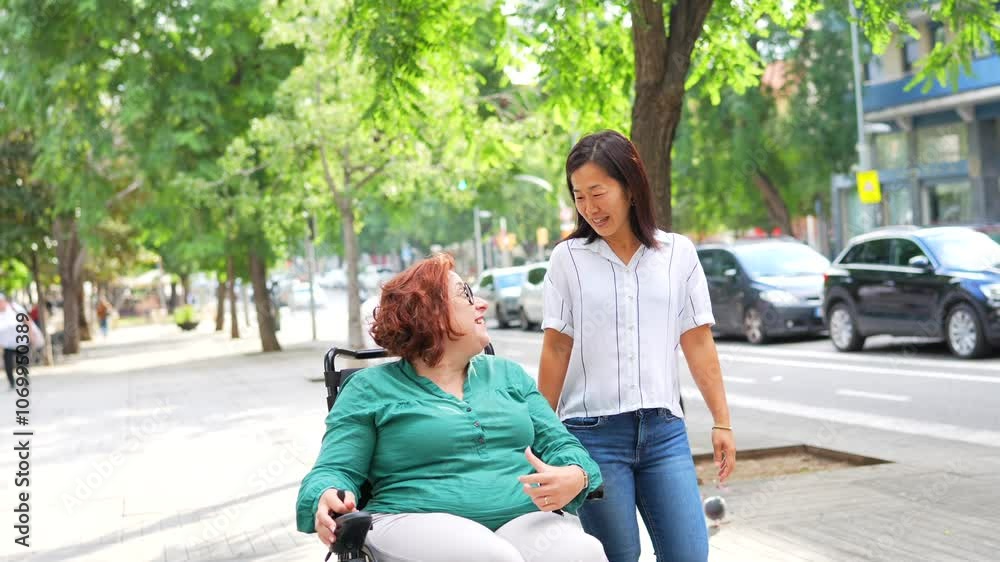 Woman with disability using electric wheelchair and chinese friend talking while walking along the city Woman with disability using electric wheelchair and chinese friend talking while walking along the city