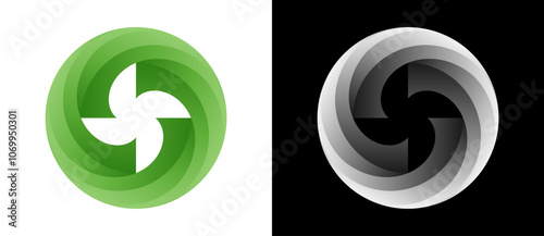 Abstract color spiral over black and white backgrounds. Swirl pattern logo or icon. Circle with 4 parts  in spiral as ecology green sign.