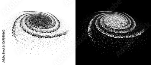 Abstract art background with dotted spiral. Stipple effect with chaotic noise. Black shape on a white background and the same white shape on the black side.