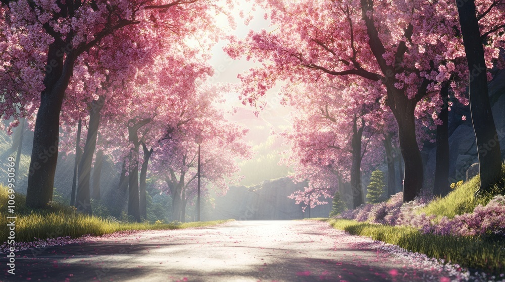 A tranquil pathway lined with blooming cherry blossom trees, creating a serene atmosphere. A tranquil pathway lined with blooming cherry blossom trees, creating a serene atmosphere.