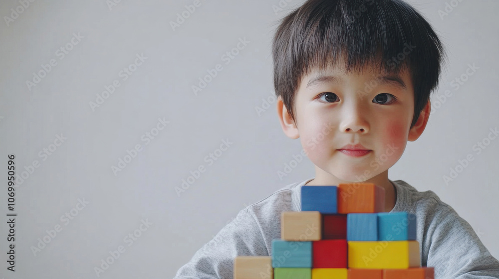 cute asian boy kid check-up play wooden block