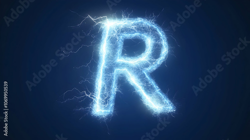 The letter R is formed by a bright blue electric discharge against a dark blue background.