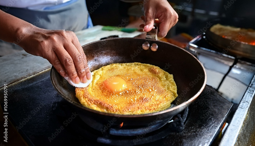 The chef’s hands folding an omelet in a pan, lifting the edges to check doneness. The chef’s hands folding an omelet in a pan, lifting the edges to check doneness.