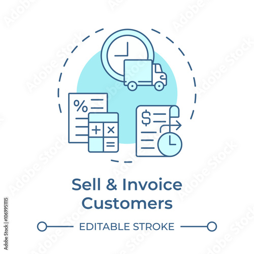 Sell and invoice customers soft blue concept icon. Factoring process. Debtor transaction details. Round shape line illustration. Abstract idea. Graphic design. Easy to use in article