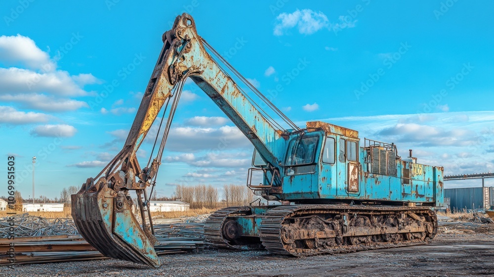 An old blue excavator parked on a construction site under a clear sky. An old blue excavator parked on a construction site under a clear sky.