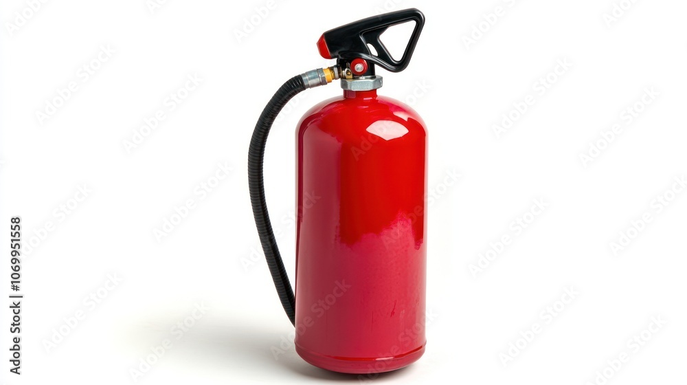 A red fire extinguisher with a black hose and nozzle, used for emergency fire suppression, isolated on a white background. A red fire extinguisher with a black hose and nozzle, used for emergency fire suppression, isolated on a white background.