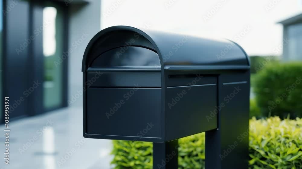 Modern black mailbox in suburban garden setting Modern black mailbox in suburban garden setting