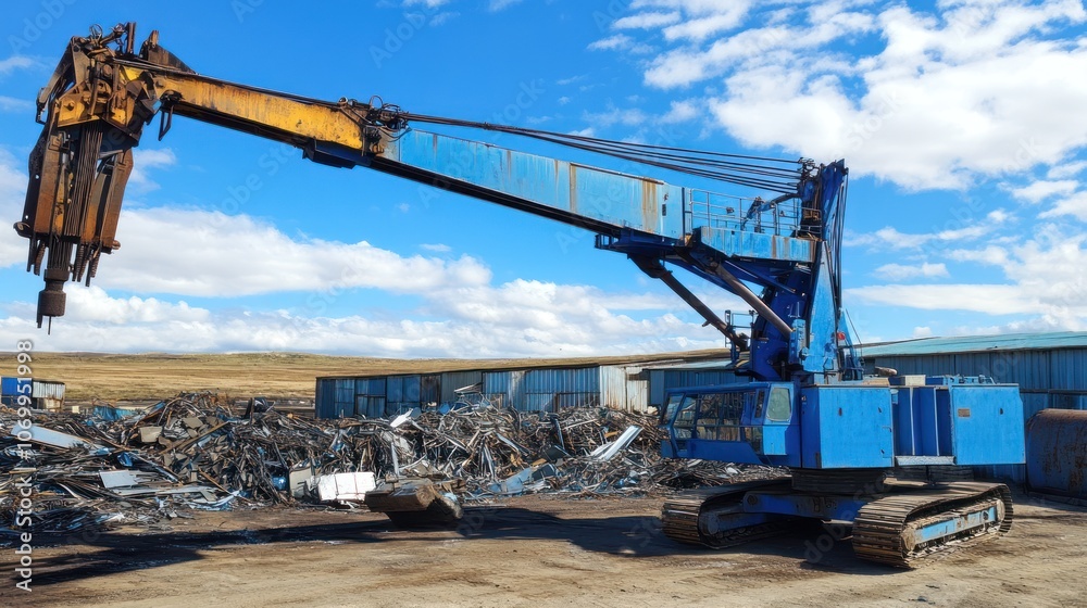 A blue industrial crane used for handling scrap metal in a recycling yard. A blue industrial crane used for handling scrap metal in a recycling yard.