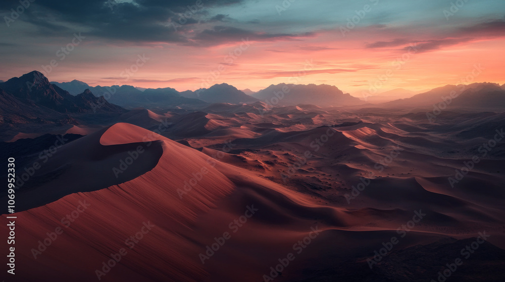Fototapeta premium Overhead shot of a desert landscape at sunrise, gentle hues of pink and orange highlighting the dunes, with long shadows creating textured patterns across the sand.