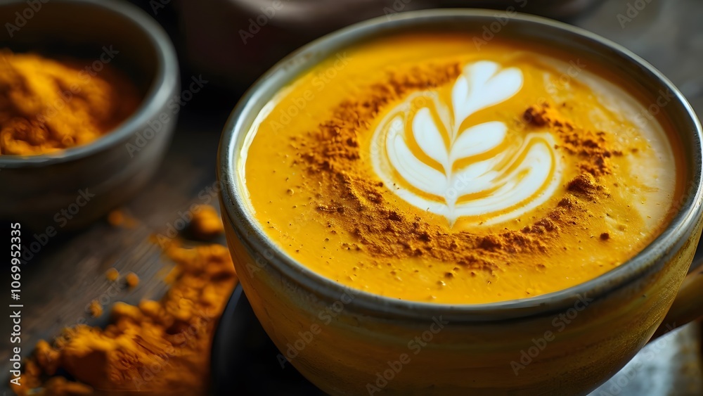 Bright Aromatic and Bubbly Turmeric Latte with Warming Taste and Color. Concept: Golden Milk, Cozy Beverage, and Healthful Indulgence Bright Aromatic and Bubbly Turmeric Latte with Warming Taste and Color. Concept: Golden Milk, Cozy Beverage, and Healthful Indulgence