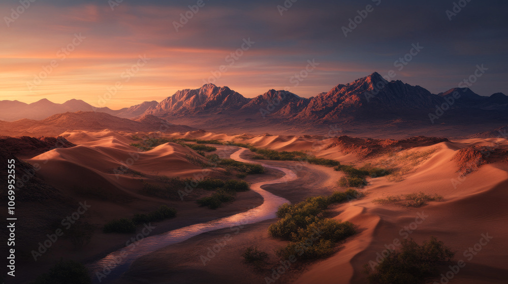 Fototapeta premium Aerial perspective of a dry riverbed cutting through vast sand dunes, the golden sands glowing under the afternoon sun, with rugged mountains on the horizon and a clear blue sky above.