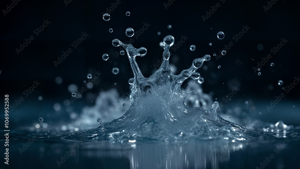 An Artistic Close-Up of Water Droplets Splashing Like Silver Hair Against a Dark Background