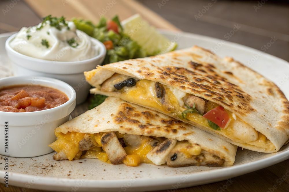 Golden Grilled Quesadilla with Melted Cheese and Chicken Golden Grilled Quesadilla with Melted Cheese and Chicken