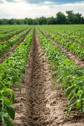 Young crops grow in rich soil with clouded sky overhead