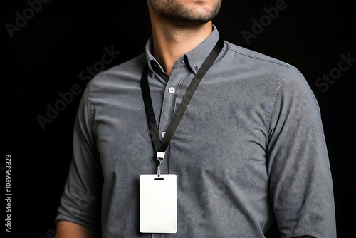 businessman holding blank card, Professional man wearing a gray shirt and lanyard with blank ID badge against black background,