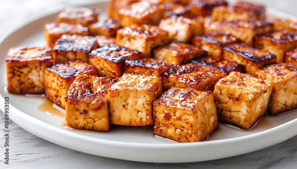 Plate of fried tofu cubes isolated on transparent Plate of fried tofu cubes isolated on transparent