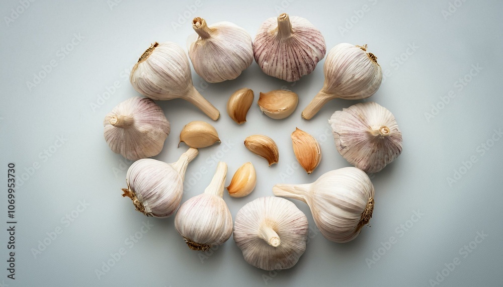 Fototapeta premium Whole garlic bulbs with cloves scattered around, forming a circular pattern on a clean background.