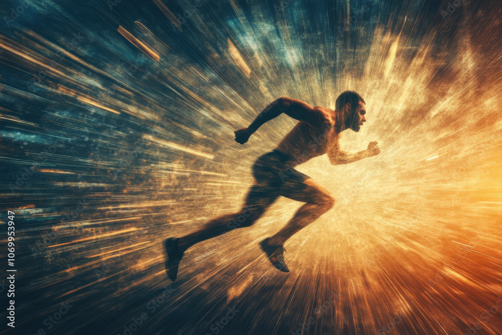 Silhouette of a man running with dynamic motion effects, exuding energy and speed against a vibrant, colorful background. Silhouette of a man running with dynamic motion effects, exuding energy and speed against a vibrant, colorful background.
