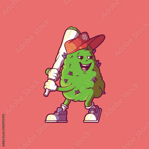 Vector illustration of a Weed Bud character playing baseball. Weed and sport design concept.