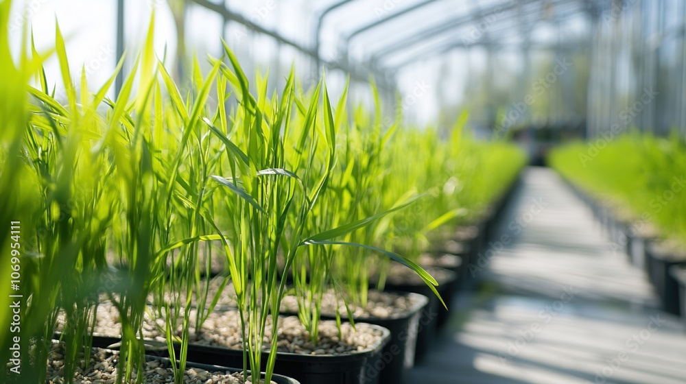 Obraz premium Greenhouse interior with rows of young plants in sunlight