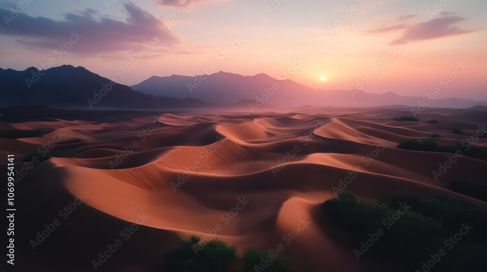 Naklejka premium Drone shot of a sprawling desert landscape, the sand dunes forming intricate patterns in the early morning light, the sky a gradient of pink and orange.