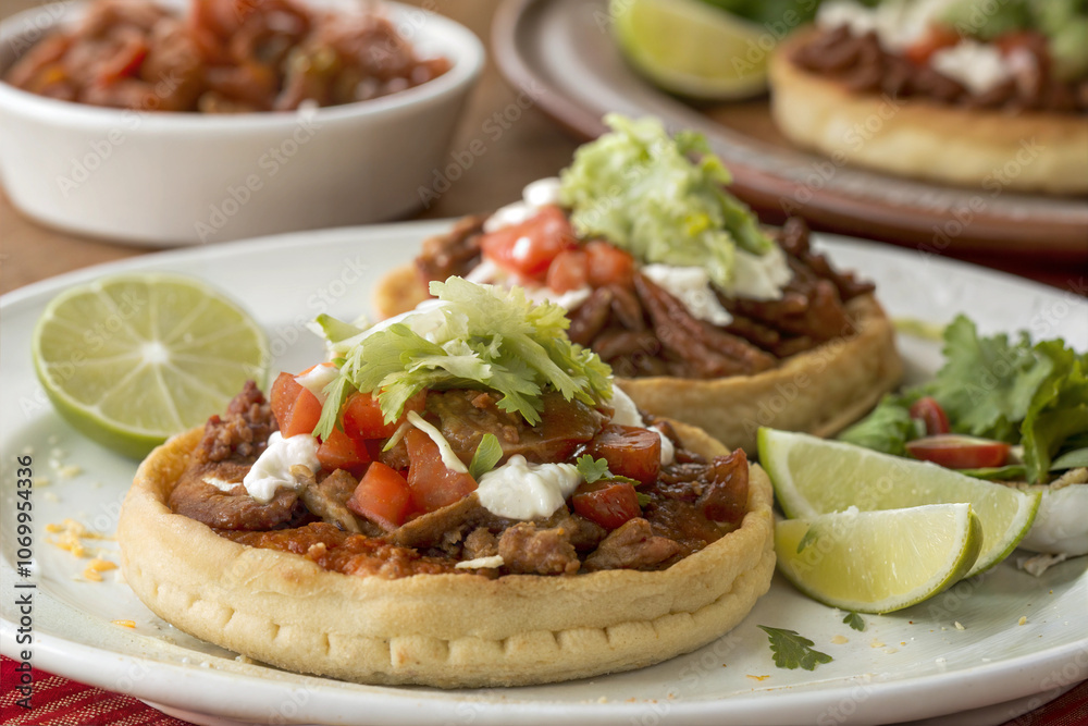 Sopes: Thick Corn Tortillas Topped with Beans, Meat, and Fresh Salsa Sopes: Thick Corn Tortillas Topped with Beans, Meat, and Fresh Salsa