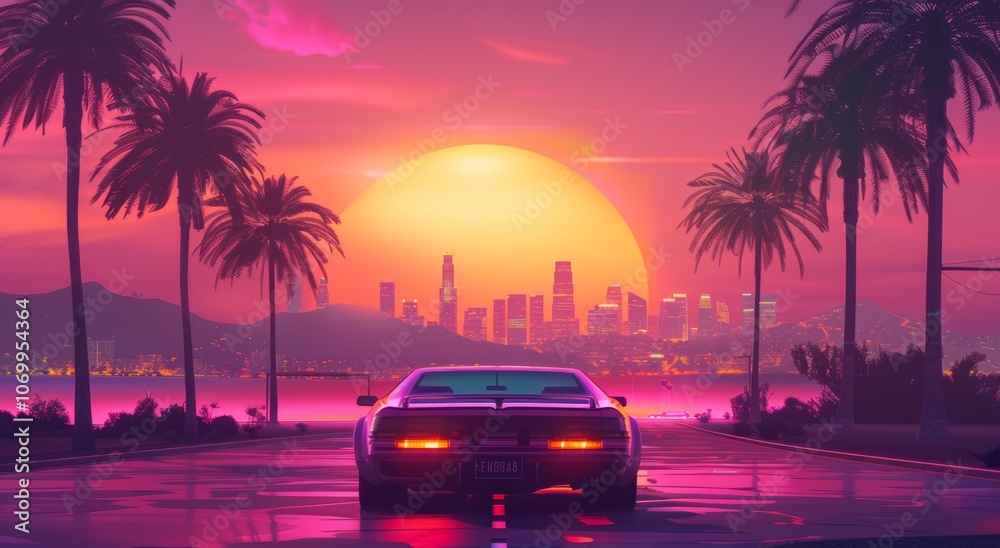 Obraz premium Vaporwave car, holographic 80s sun and sky. Pink summer glow drive. Nature shine landscape poster. Retrowave neon miami with tropical gradient road. Retro violet cyberpunk palm