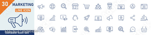 Marketing line icon set. Set of 30 outline icons related to advertising, sales, e-commerce, SEO, business, ads, content and others. Editable stroke. Vector illustration.