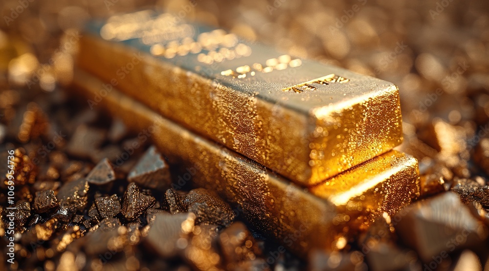 Gold bar resting on a stocks and shares graph representing investment, Gold bar resting on a stocks and shares graph representing investment,