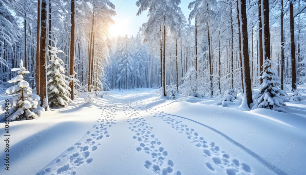 Sunlit winter forest path with fresh snow footprints and tall pine trees Sunlit winter forest path with fresh snow footprints and tall pine trees