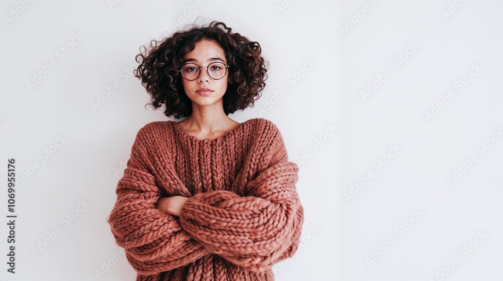 Thoughtful girl with arms crossed in cozy marula sweater Thoughtful girl with arms crossed in cozy marula sweater