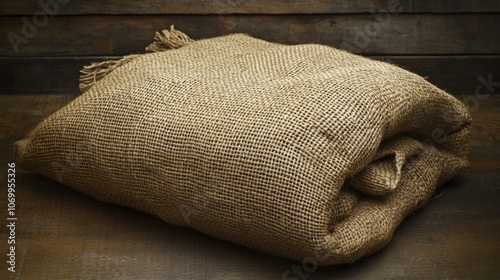 Burlap sack cloth on a brown wooden panel, highlighting a rustic, vintage look, great for natural and traditional packaging visuals photo