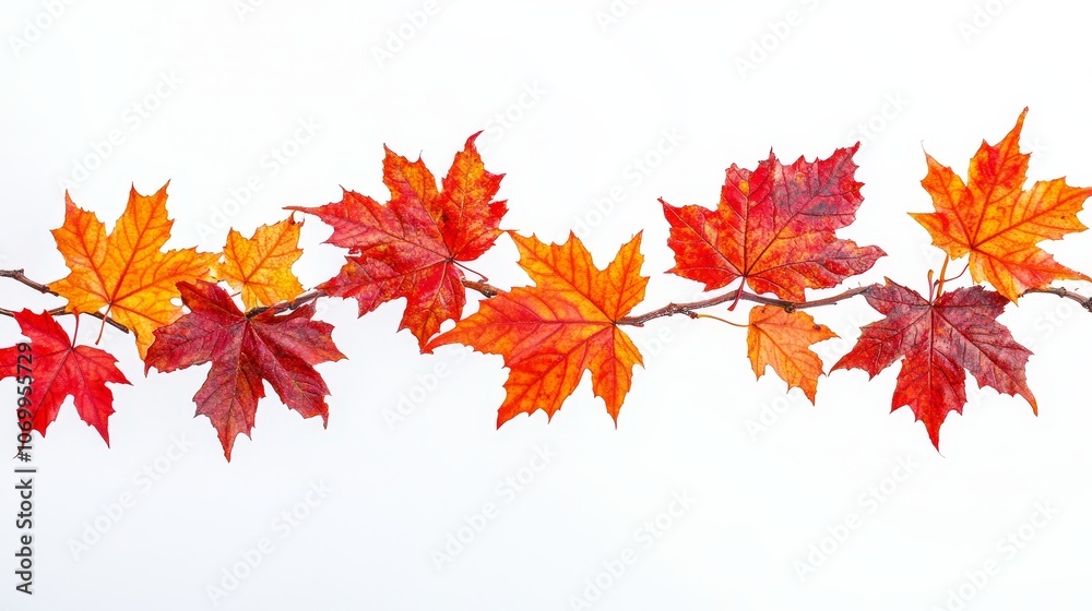 Autumn maple leaves in vibrant shades of red, orange, and yellow, captured against a pure white backdrop. Autumn maple leaves in vibrant shades of red, orange, and yellow, captured against a pure white backdrop.