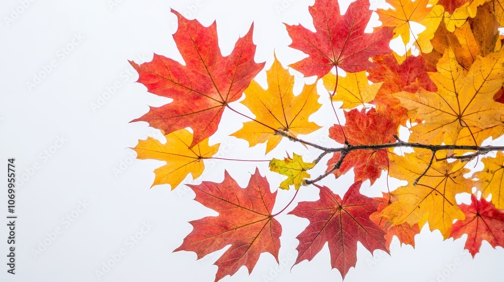 Autumn maple leaves in vibrant shades of red, orange, and yellow, captured against a pure white backdrop. Autumn maple leaves in vibrant shades of red, orange, and yellow, captured against a pure white backdrop.