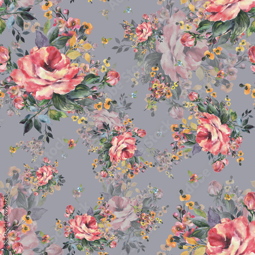 Abstract beautiful hand drawn pattern with rose and herbs