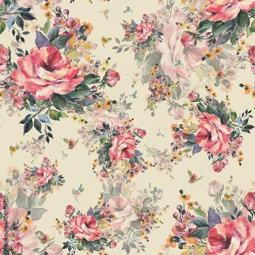 Abstract beautiful hand drawn pattern with rose and herbs