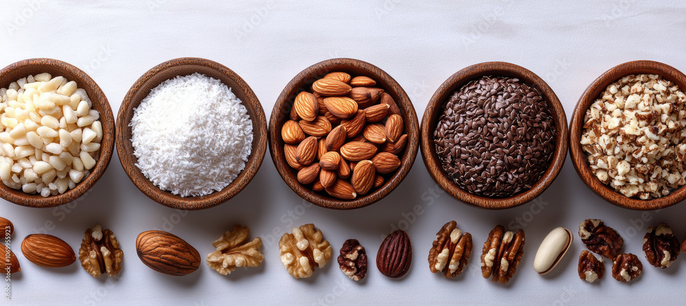 Nuts and seeds in wooden bowls, showcasing variety of textures and colors. This vibrant display includes pine nuts, coconut, almonds, flaxseeds, and chocolate sprinkles, perfect for healthy snacking Nuts and seeds in wooden bowls, showcasing variety of textures and colors. This vibrant display includes pine nuts, coconut, almonds, flaxseeds, and chocolate sprinkles, perfect for healthy snacking