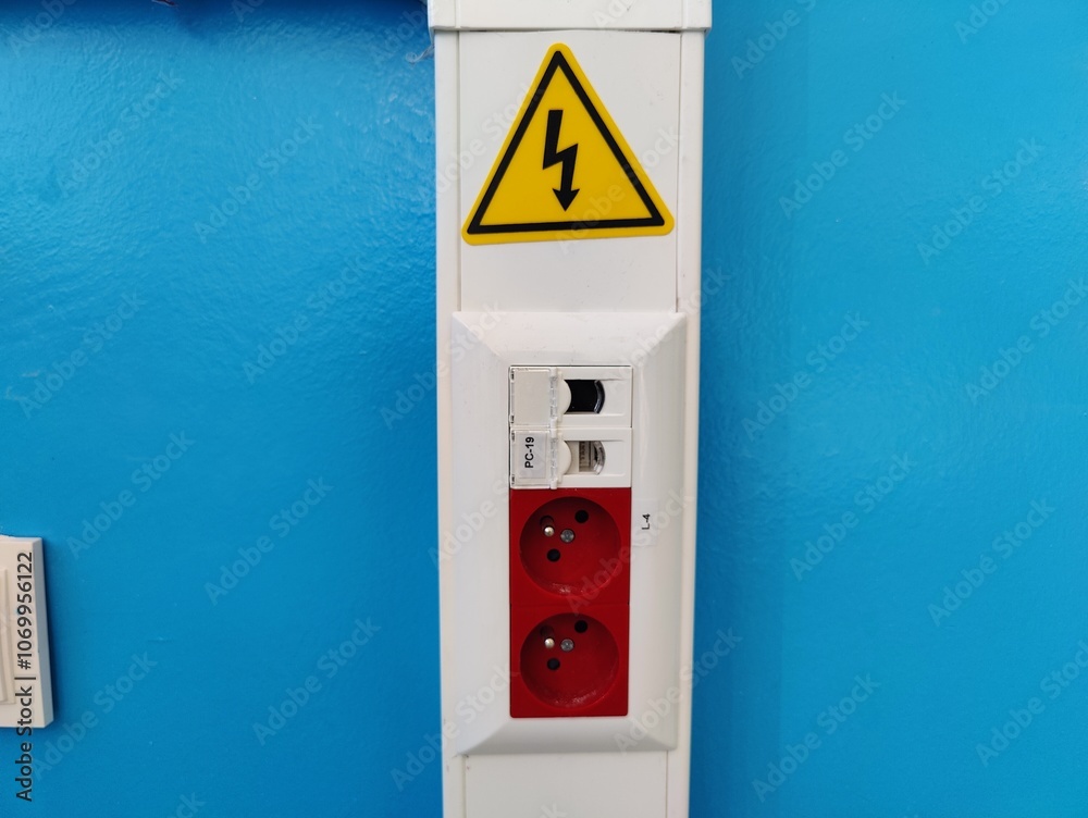 Electrical Power Outlet with Warning Sign: Emphasizing Safety and Caution in a Brightly Colored Environment