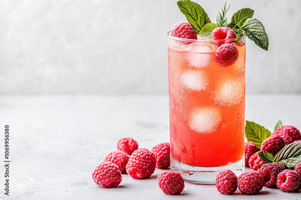 Refreshing raspberry iced tea with mint leaves and ice cubes, garnished with fresh raspberries. Perfect for hot day or summer gathering Refreshing raspberry iced tea with mint leaves and ice cubes, garnished with fresh raspberries. Perfect for hot day or summer gathering