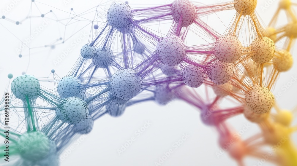 Fototapeta premium A colorful, abstract visualization of interconnected nodes, representing concepts like data, networks, and molecular structures.