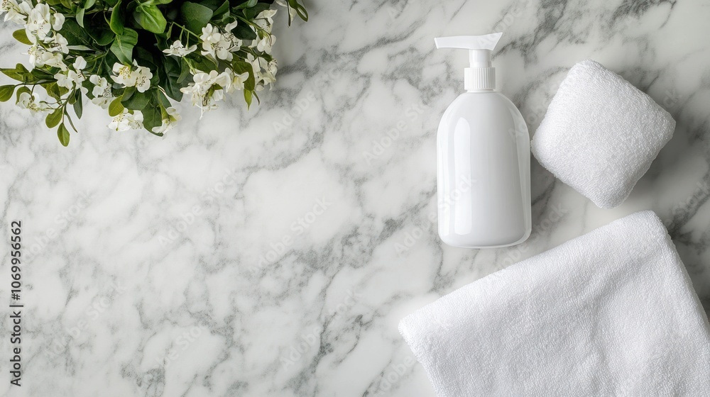 A serene bathroom scene featuring a soap dispenser, towels, and a potted plant. A serene bathroom scene featuring a soap dispenser, towels, and a potted plant.
