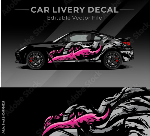 Car wrap decal designs full vector with dragon motif, black, pink, colour. Abstract racing and sport background for car livery or daily use car vinyl sticker