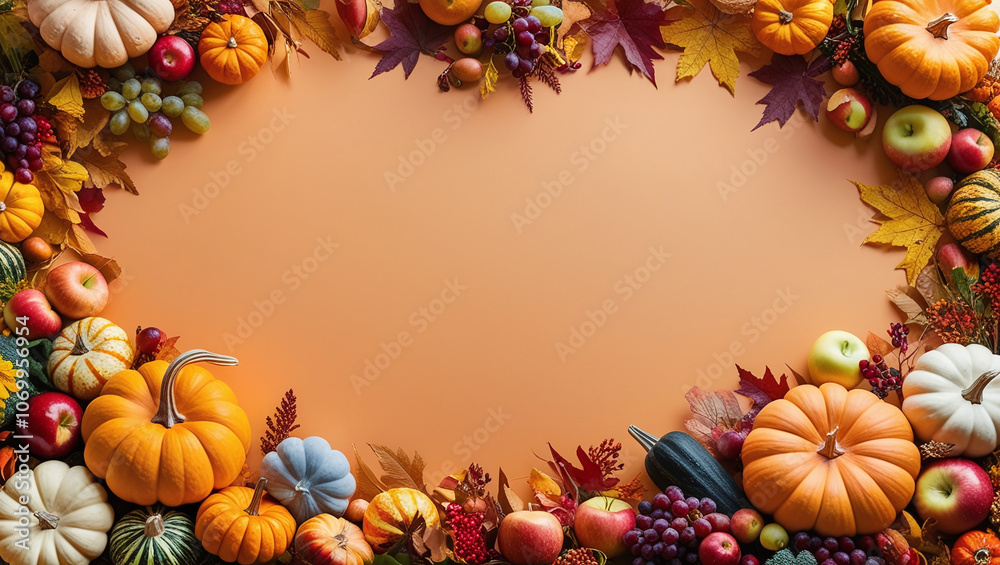 Autumn Fall Frame Border with Copy Space, Vibrant Colorful Pumpkins, Foliage and Seasonal Berries Autumn Fall Frame Border with Copy Space, Vibrant Colorful Pumpkins, Foliage and Seasonal Berries