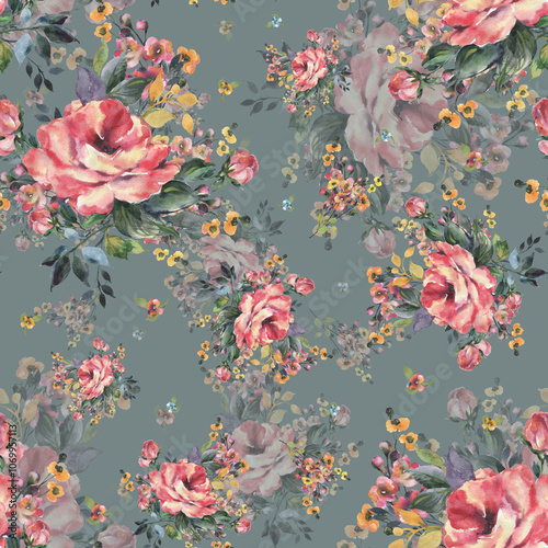 Abstract beautiful hand drawn pattern with rose and herbs