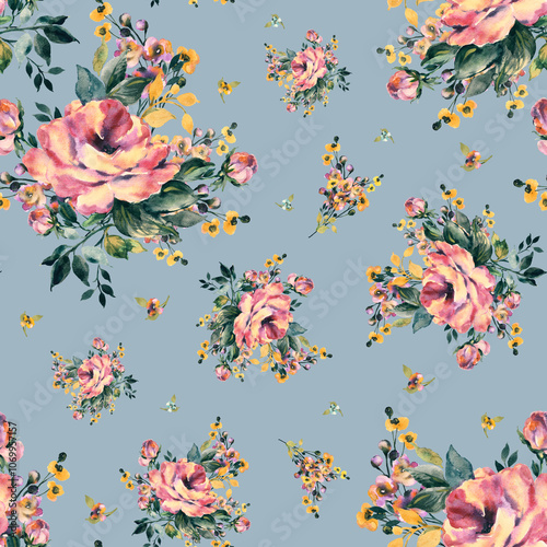 Abstract beautiful hand drawn pattern with rose and herbs