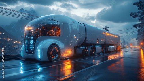 Futuristic Electric Semi Truck in Sci-Fi Landscape photo