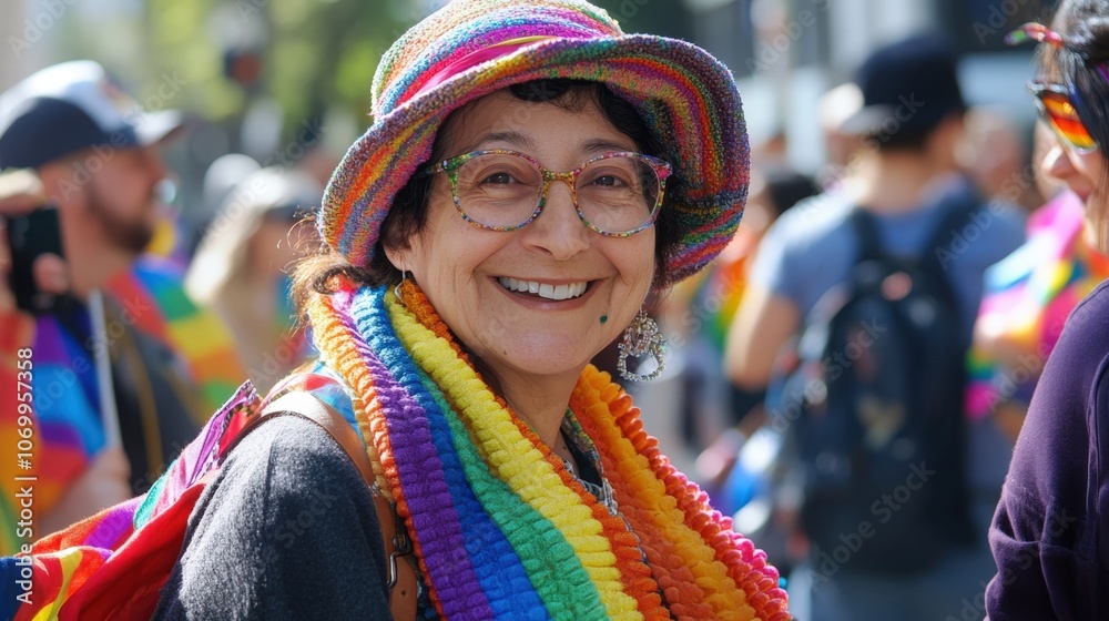 A person wearing a rainbow scarf with a cheerful expression, standing among a group of pride participants.